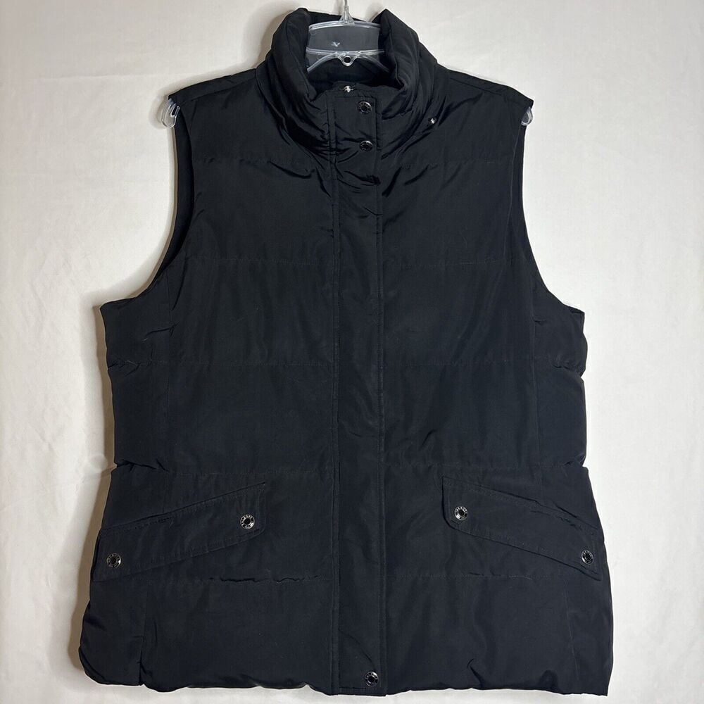 Talbots Women's Puffer Vest Duck Down Fill Large Black Pockets Full Zip No Hood